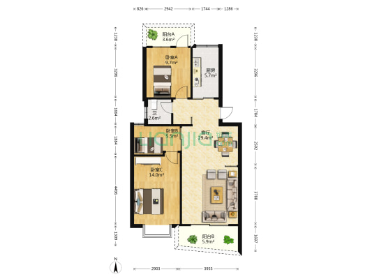 中富花苑 3室1厅1卫 91平方