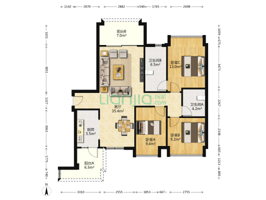 艺锦湾五期 3室1厅2卫 109平方