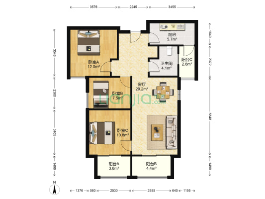 天地源万熙天地兰园 3室1厅1卫 105平方