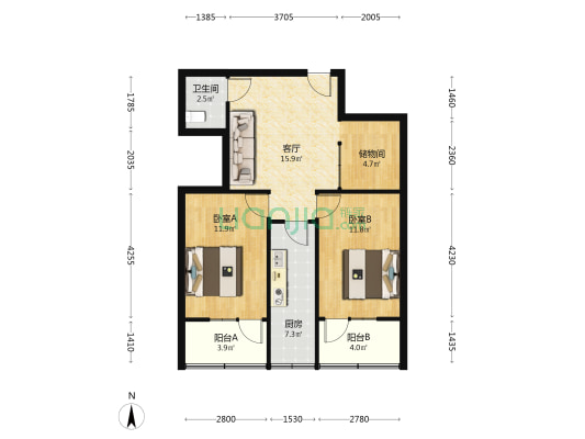 纺织城工人文化宫 2室1厅1卫 77平方