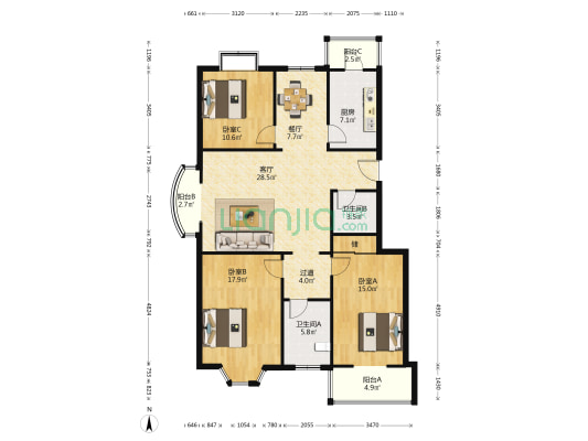 海景公寓 3室2厅2卫 136平方
