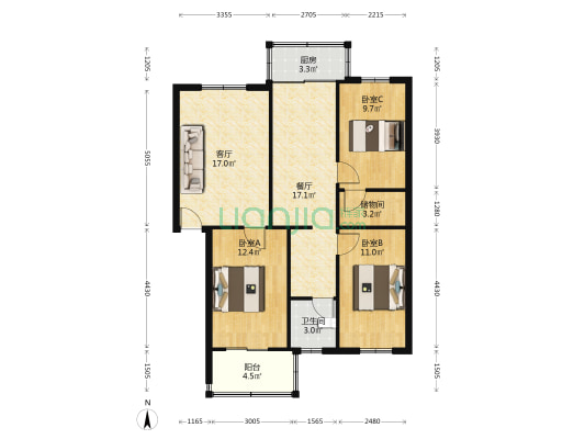 范阳路旁，正规三居双卫格局，环境好交通方便-户型图