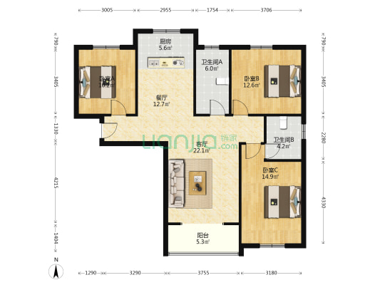 盛和家园 3室2厅2卫 120平方