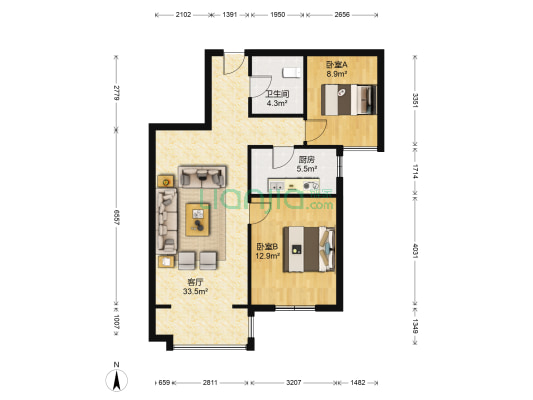 世纪瑞庭西区 2室1厅1卫 88平方
