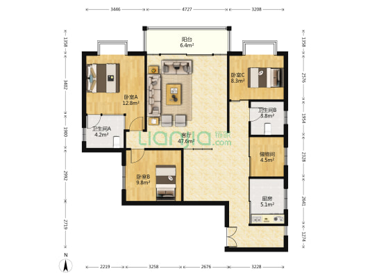 天骄瑞园 3室1厅2卫 127平方