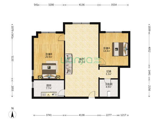 中银大厦 2室1厅1卫 117平方