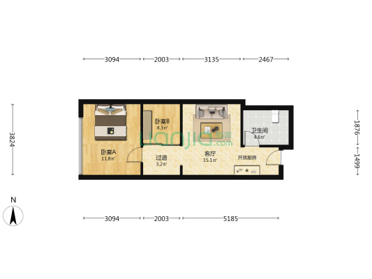 绿洲中环中心 2室1厅1卫 58平方