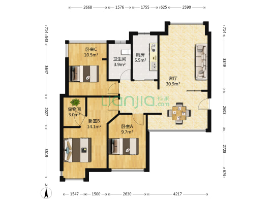 联泰桥郡 3室1厅1卫 86平方