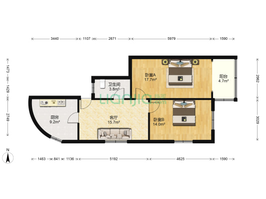 屯溪路372号 2室1厅1卫 70平方