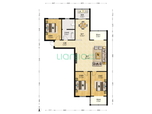 悦园小区 3室2厅1卫 136平方
