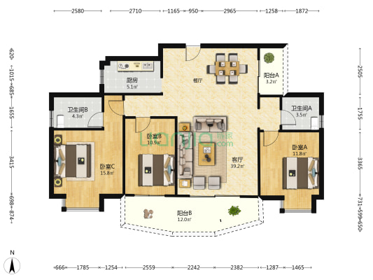 市政住宅小区 3室1厅2卫 122平方