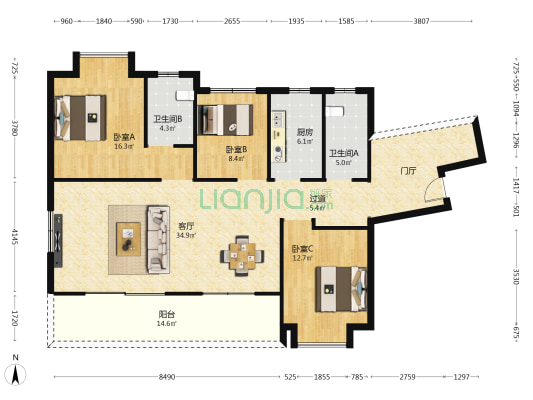 海南绿地城骏园 3室1厅2卫 126平方