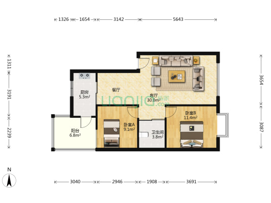 经典龙苑 2室1厅1卫 76平方