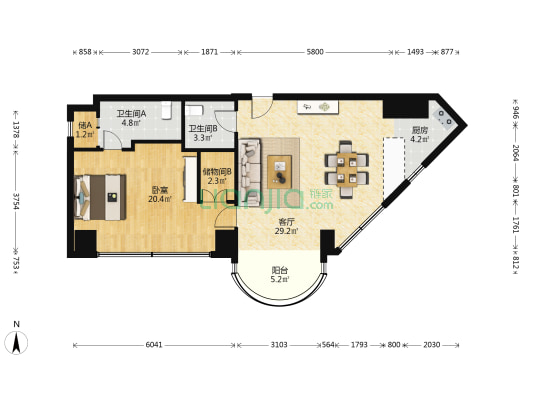 复地国际公寓 1室1厅2卫 121平方