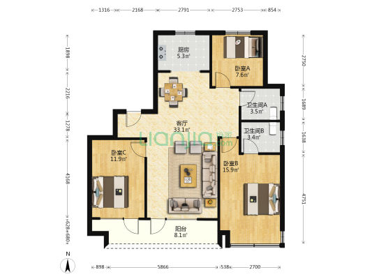 天一仁和宸璟鹭洲 3室1厅2卫 120平方