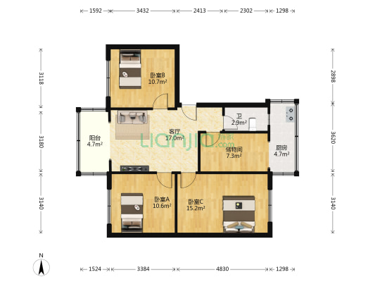 外化成五里墩四巷1号 3室1厅1卫 83平方