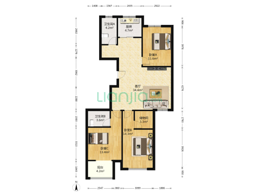 名流华第 3室1厅2卫 132平方