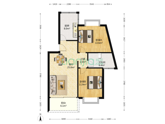 丰泰居小区 2室1厅1卫 90平方