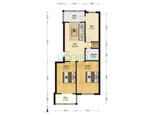 新华汽配厂宿舍 2室2厅1卫 93平方