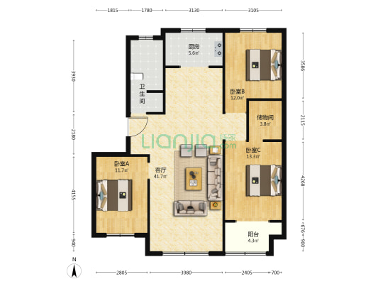 国宅华府西院 3室1厅1卫 129平方