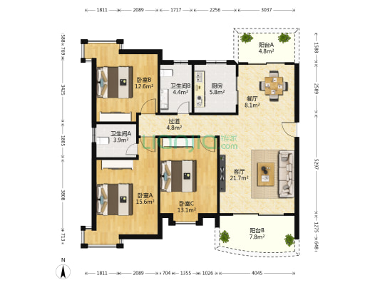 展兴龙华豪居 3室2厅2卫 129平方