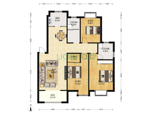 襄城明珠明珠雅苑 3室1厅2卫 117平方