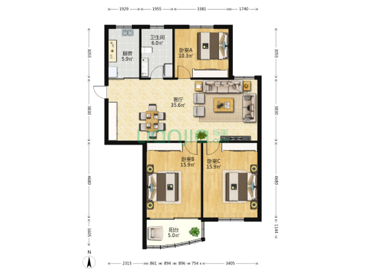 花园湾小区 3室1厅1卫 114平方