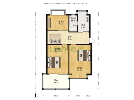 福建省电子技术研究所宿舍 3室1厅1卫 70平方