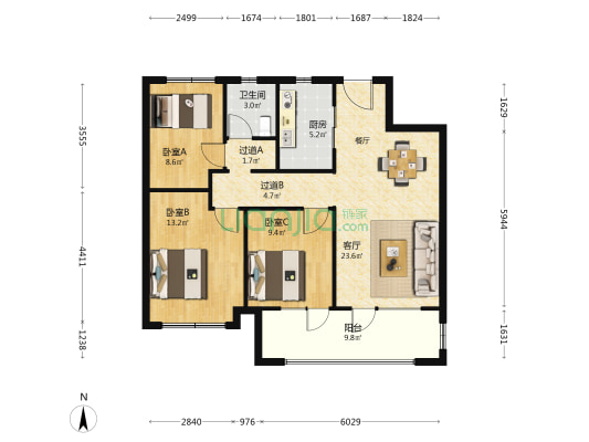 新城云樾晓院三期 3室1厅1卫 107平方