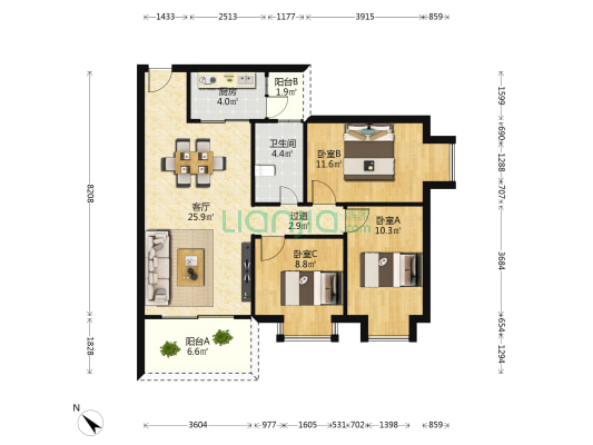 恒和苑 3室1厅1卫 84平方