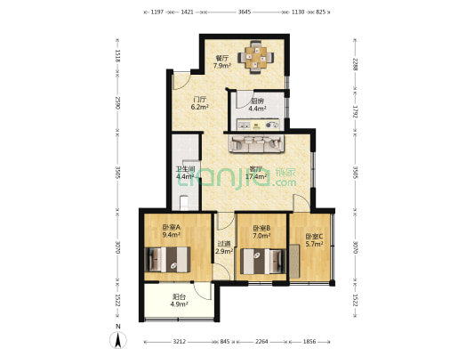 庆海小区 3室2厅1卫 84平方