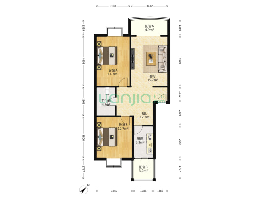 川锋苑 2室2厅1卫 95平方