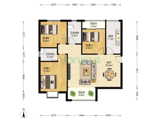 楚天雅郡 3室1厅2卫 113平方