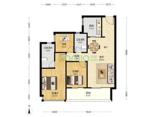 中山宝龙城 3室1厅2卫 96平方