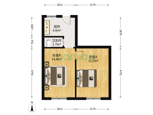 电台宿舍 2室0厅1卫 55平方