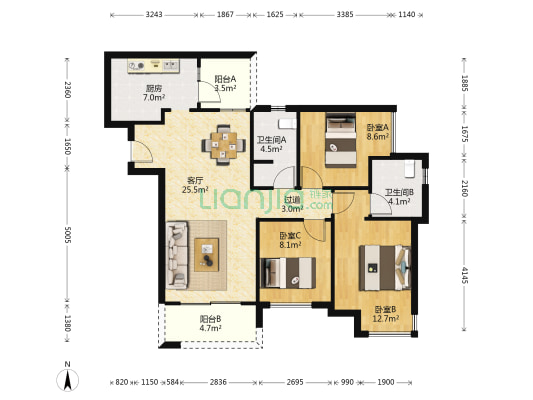 金科昆翔黛山悦府一期(二手) 3室1厅2卫 99平方