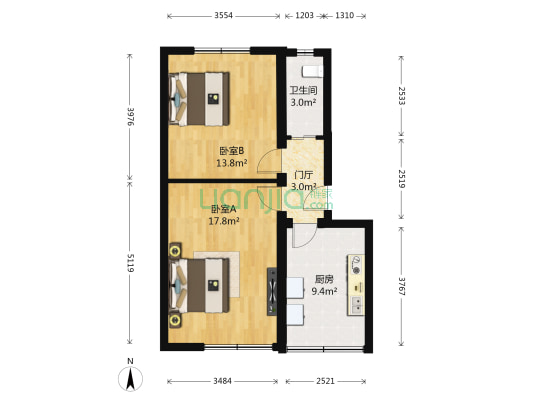 百万庄生肖区 2室0厅1卫 60平方