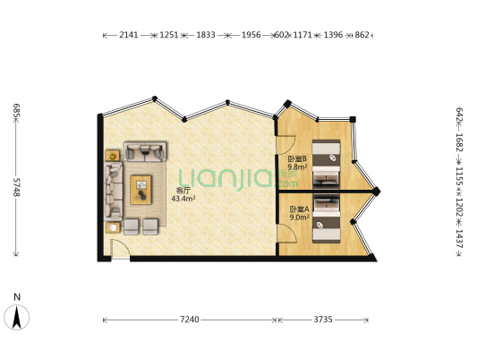 仓山万达广场A区 2室1厅0卫 148平方