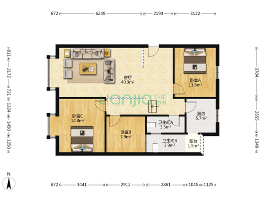 锦翠花园 3室1厅2卫 108平方