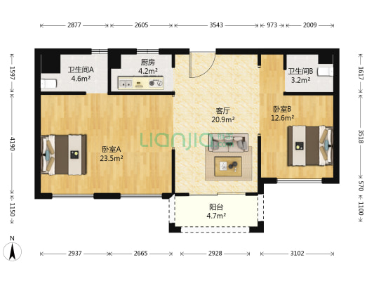 德信碧桂园玖号院 2室1厅2卫 89平方