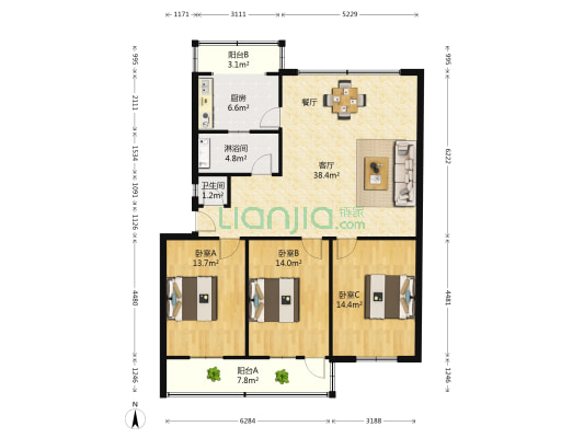商业街8号 3室1厅2卫 121平方