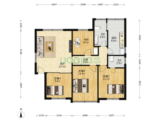 石花四巷 4室1厅2卫 93平方