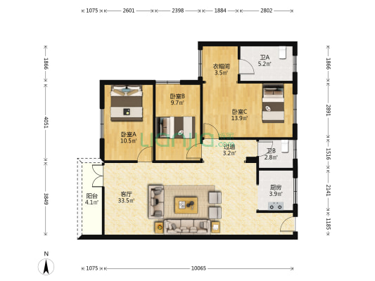 佳华大厦B座 3室1厅2卫 104平方
