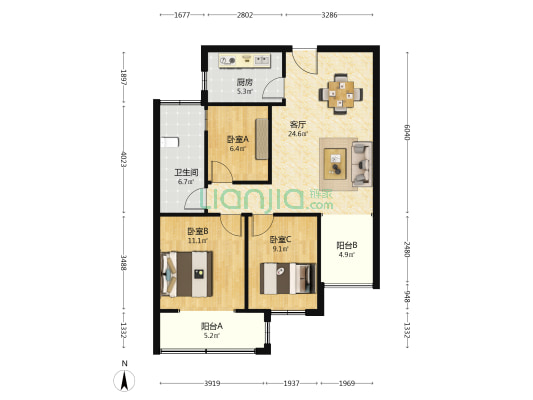 燕舞园1园 3室1厅1卫 87平方