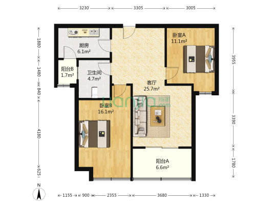 中航城波波里花园 2室1厅1卫 90平方