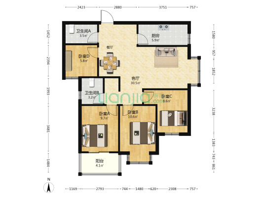 远东丽景 4室1厅2卫 107平方