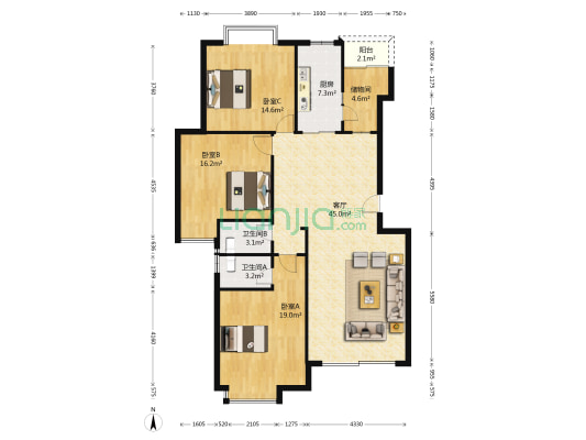 汇源豪庭 3室1厅2卫 134平方