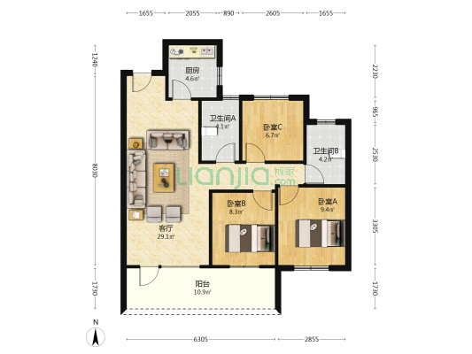 滨江郦城 3室1厅2卫 92平方