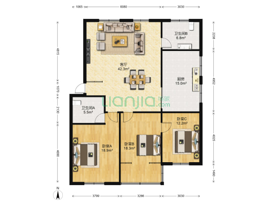 银洲新村 3室1厅2卫 134平方