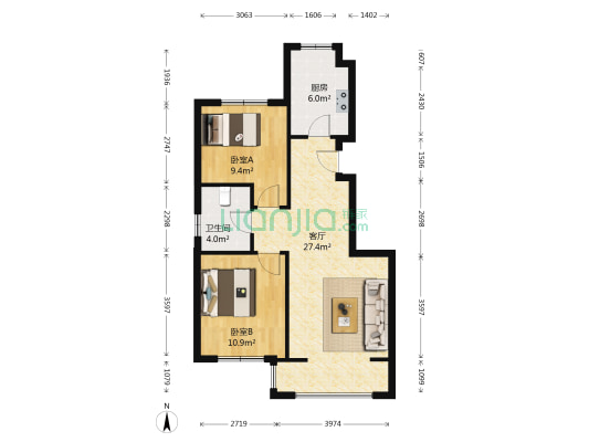 中海寰宇天下C区 2室1厅1卫 87平方